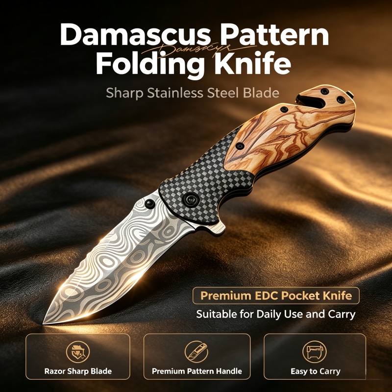 Edc Carry Pocket Knife - Pisau Lipat Pola Damaskus Bilah Baja